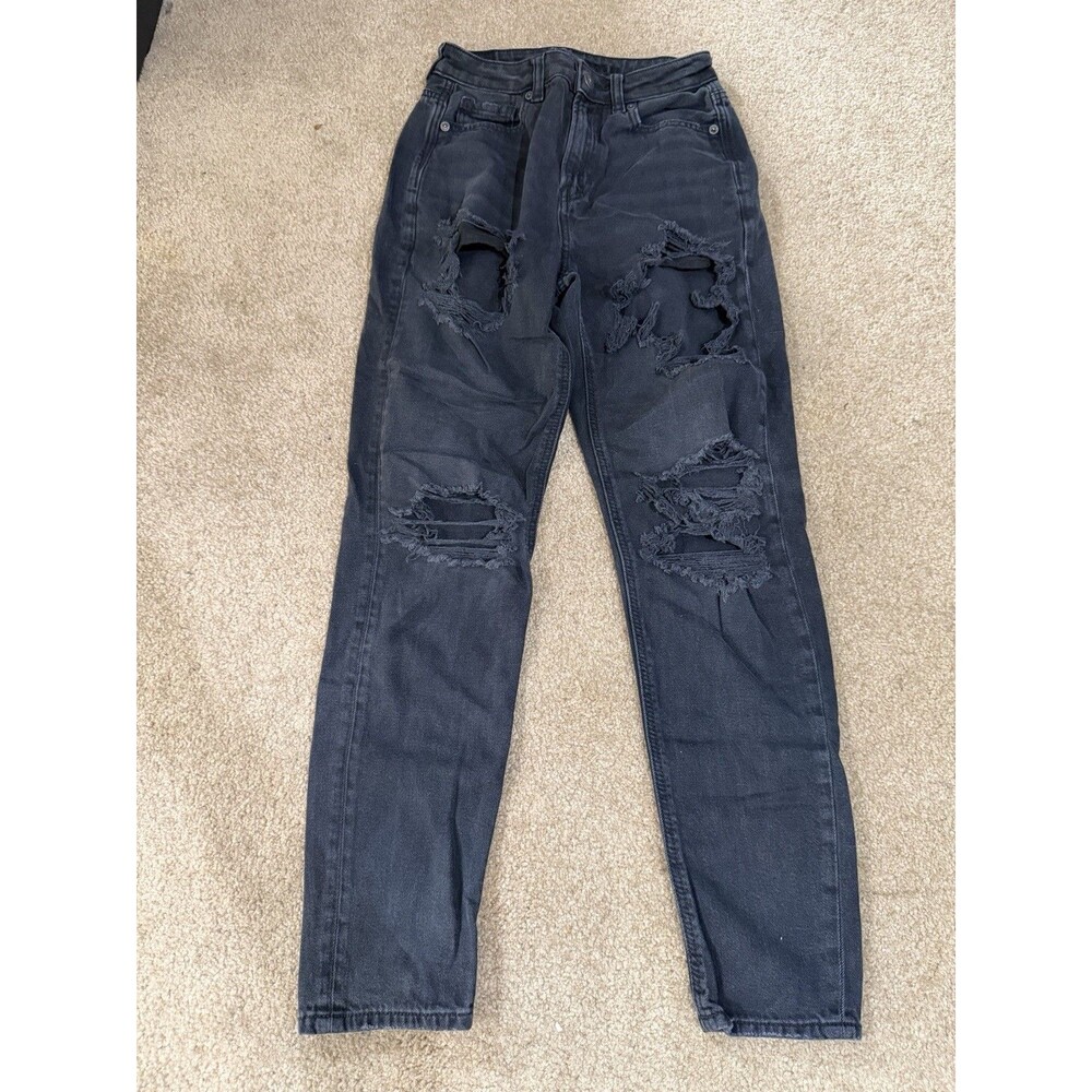 Womens American Eagle Black Highly Distressed Mom Jeans Size 00 Regular